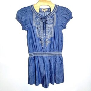 VAC Jeans Romper Embroidered‎ Chambray Drawstring Waist Short Sleeve Medium